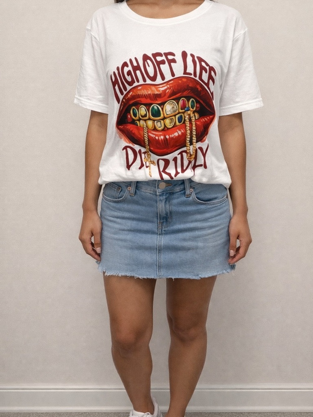 White Graphic Tee with Red Lip Print